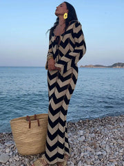 GACVGA Knitted Stripe Full Sleeve Maxi Dress Hollow Out Beach Elegant Slim Party Club Long Dress