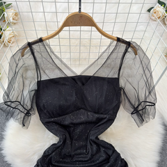 Kurzärmliges Mesh-Kleid mit V-Ausschnitt für Damen