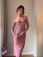 Bedrucktes Langärmliges Kleid mit eckigem Ausschnitt für Damen