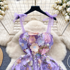 Besticktes dreidimensionales Blumennetzkleid für Damen