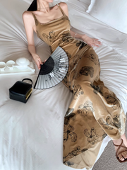 Retro Samt Hosenträgerkleid Sommer Französisch Rosendruck Kleid