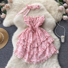 Neuer Strandurlaubsrock mit Rüschentaille und geblümtem Kleid