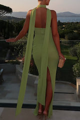 Halter Neck Ruched Tie Up Streamer Bodycon Maxi Dresses - Green