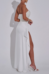 Sequin Strapless Corset High Slit Party Maxi Dresses - White