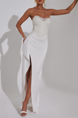 Sequin Strapless Corset High Slit Party Maxi Dresses - White