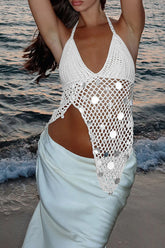 Sequin Decor V Neckline Halter Crochet Slit Irregular Top - White