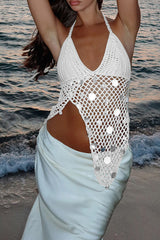 Sequin Decor V Neckline Halter Crochet Slit Irregular Top - White