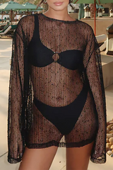 Knit Round Neck Long Sleeve Bikini Cover Ups Top - White