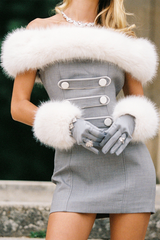 Off Shoulder Plush Patchwork Double - Breasted Mini Dresses - Grey