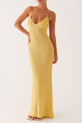 Plunge Neck 3D Flower Crochet Backless Slip Maxi Dresses - Yellow