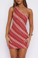Knit Colorblock Abstract Striped One Shoulder Mini Dresses - Blue