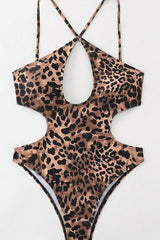 Leopard Print Cutout Sleeveless One - Piece Swimsuit - Coffee