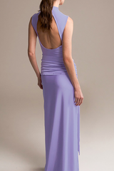 Stand Collar Sleeveless Open Back Tie Up Sash Plain Maxi Dresses - OffWhite