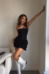 Strapless Corset Tiered Ruffled Hem Mini Dresses - Black