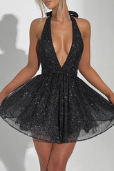 Deep V Neck Halter Glittering A - Line Party Mini Dresses - Black