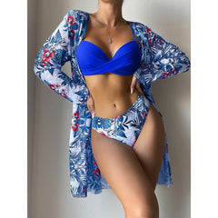 Three Pieces Printed Cover Up Bikini Set For Women