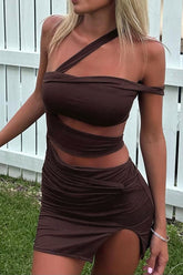 One Shoulder Cutout Ruched Slit Bodycon Asymmetrical Mini Dresses - Brown