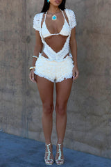 Frilled Lace Short Sleeve Cutout Playsuit Romper Bra 2pcs Set - Ivory