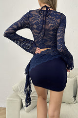 Jacquard Lace Flare Sleeve Halter Bodycon Cutout Mini Dresses - Navy