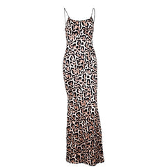 Sexy Leopard Print Backless Women Dress Sleeveless Strap Female Party Long Maxi Dress