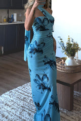 Floral Print Slim Fit Strapless Maxi Dresses - Blue