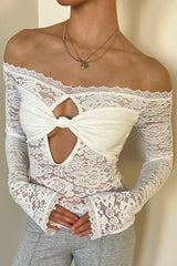 Off Shoulder Twisted Knot Cutout Floral Lace Long Sleeve Top - White