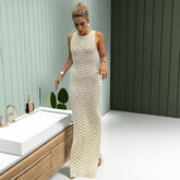 Women Mesh Knitted Vest Dress Sleeveless Round Neck Double Split Slim Long Dresses Beach Female Vacation Vestidos