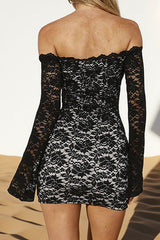 Off Shoulder Long Sleeve Floral Lace Bodycon Mini Dresses - Black