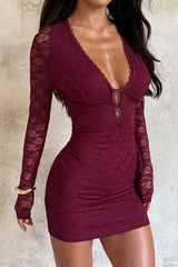 Lace Patchwork Long Sleeve Deep V Neck Fitted Mini Dresses - Burgundy