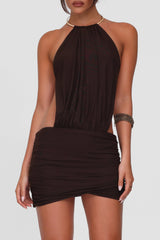 Halter Neck Solid Color Ruched Bodycon Backless Mini Dresses - Brown