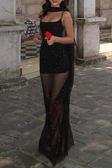 Shimmering Bodycon See Through Mesh Patchwork Hem Slip Maxi Dresses - Black