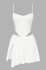 Lace Patchwork Cami Corset Slit Mini Skirt 2pcs Set - White