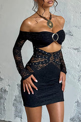 Off Shoulder Long Sleeve O - Ring Decor Cutout Bodycon Lace Mini Dresses - Black