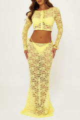 Jacquard Lace Long Sleeve Crop Cardigan Fitted Fishtail Maxi Skirt Set - Yellow