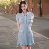 Early spring haze blue fragrance temperament wind thread knitted diamond button lapel short sleeved dress