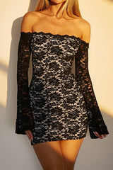 Off Shoulder Long Sleeve Floral Lace Bodycon Mini Dresses - Black