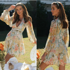 European and American Womens Printed V Neck Bubble Sleeve Lace Patchwork Large Swing Dress
