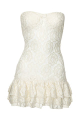 Strapless Floral Lace Layered Ruffled Hem Slim Fit Mini Dresses - Ivory