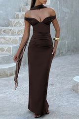 Off Shoulder V Neckline Ruched Slim Fit Solid Color Maxi Dresses - Pink