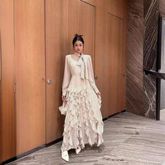 Elegant and stylish stand up collar bow polka dot print waist cinched ruffle edge dress