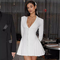 Deep V Neck Long Sleeve Short Dresses Autumn Elegant Blazer Dress White Black