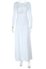 Irregular Neckline Long Sleeve Cutout Cinch Waist Plain Maxi Dresses - White