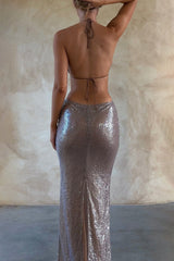 Halter Backless Irregular Cut Out Ruffle Sequin Pattern Bodycon Party Maxi Dresses - Purple