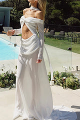 Off Shoulder Long Sleeve Cutout Ruched Semi Sheer Maxi Dresses - White