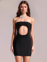 Patchwork Cut Out Pearls Slimming Dress Strapless Sleeveless High Waist Hollow Out Short Dress Club Party Outfits