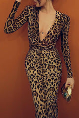Deep V Neck Long Sleeve Leopard Print Bodycon Maxi Dresses - LightBrown