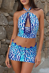 Leopard Print Fringed Cutout Halter Crop Top Mini Skirt Set - Blue Pre Order