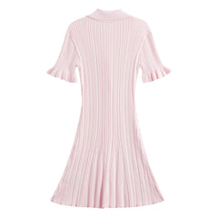 girl pink sweet shirt collar with black fungus edge sleeves waist cinched umbrella skirt fish tail knitted slimming dress