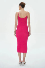 Single Breasted Rib Knitted Dress Women Spaghetti Strap Midi Split Dresses