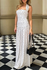 Halter Neck Cinch Waist Polka Dot Print Side Slit Maxi Dresses - White
